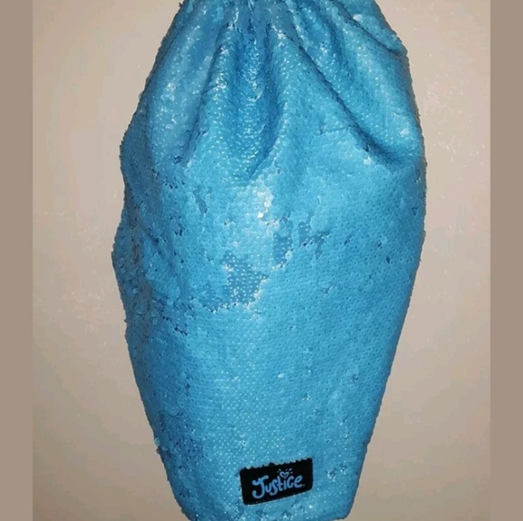 JUSTICE BLUE SEQUINED Draw string back pack NWOT - Picture 5 of 6